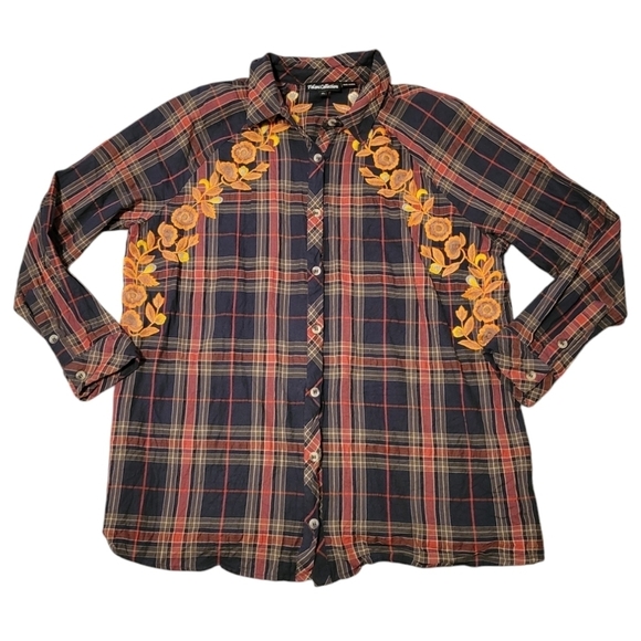 Tolani Collection Estrella Plaid w/ Embroidered Flowers Button Down Shirt XL - Picture 2 of 9